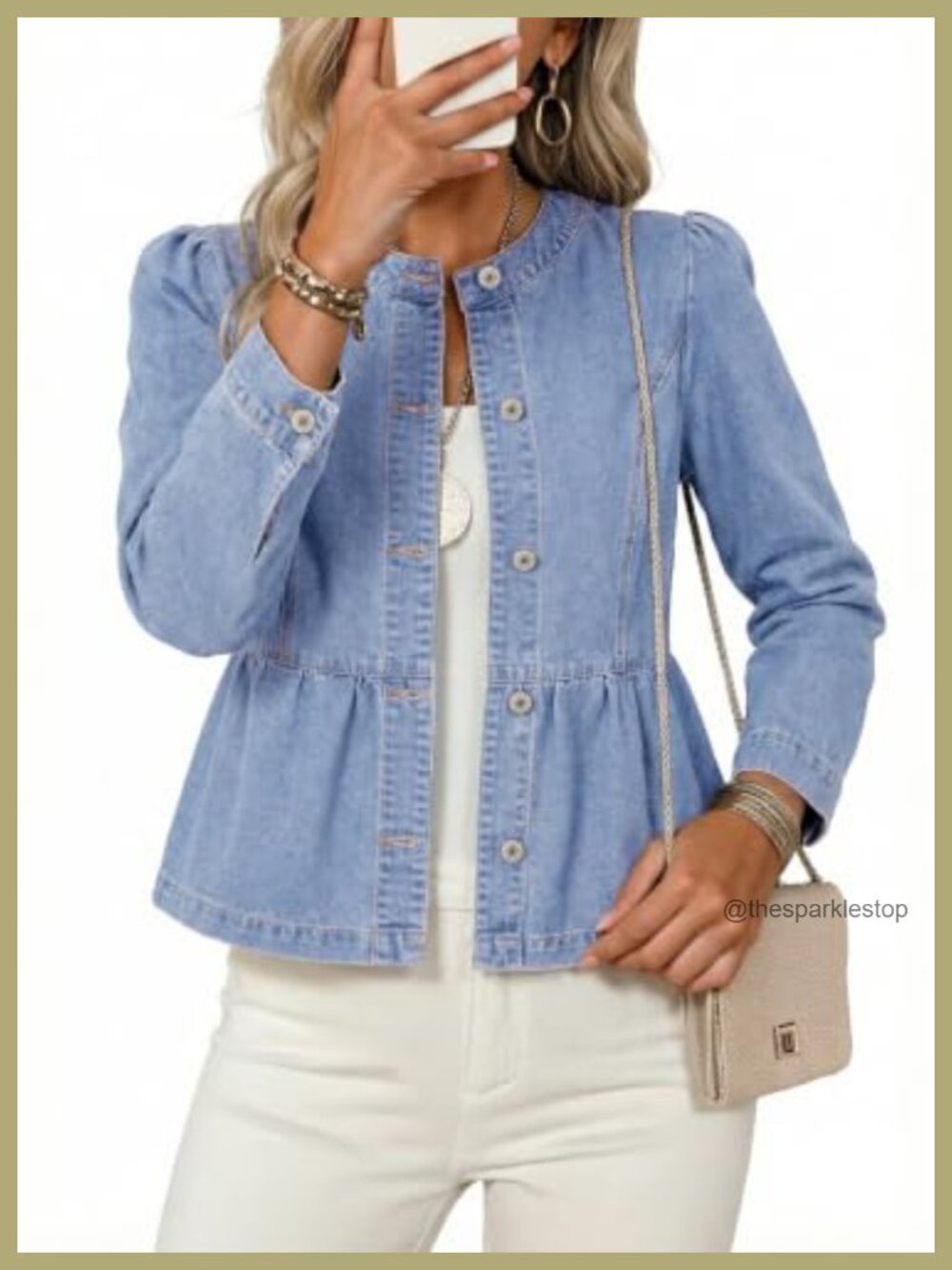 Cropped Denim Jacket Women Collarless Cinched Waist Puff Sleeve Button Down